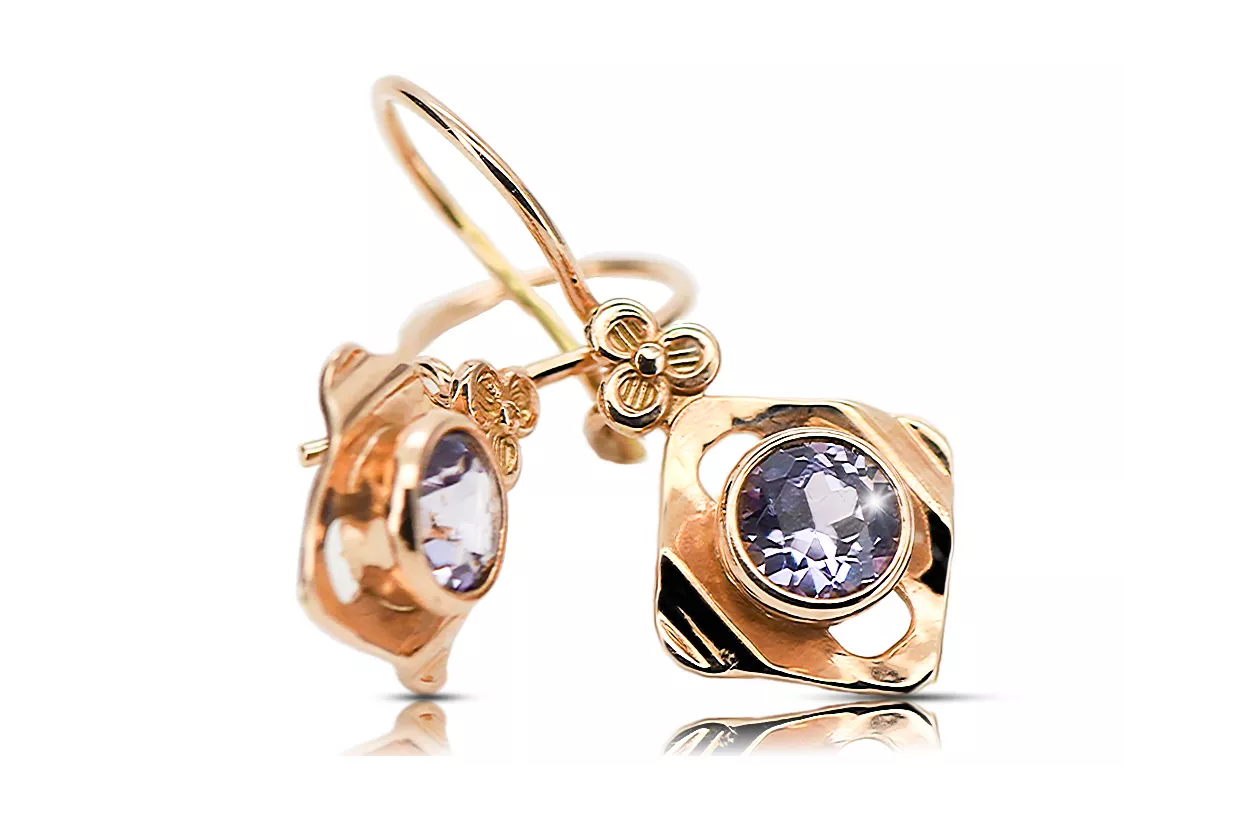 Or rose rouge 14 carats 14k 583 Alexandrite des boucles d'oreilles vec017r Russe Soviétique URSS Bijoux vintage Art Deco style